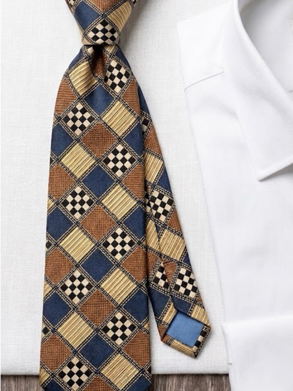 Celine Silk Tie in Navy, Brown & Cream Geometric Pattern - Vintage